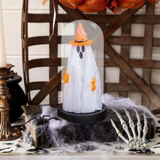 Yousheng Halloween Ghost Decor Light Up Ghost in Glass Cloche with Wood Base Cute Ghost Night Light Decoration for Table Shelf Fireplace Room Decor
