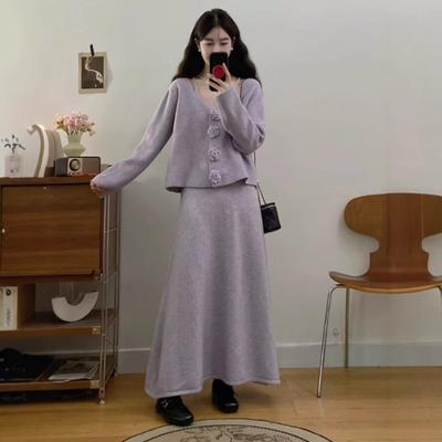 Camellia Large Size Knitted Cardigan Skirt Women's Two-piece Set Autumn and Winter New Loose Casual Sweater Set Women