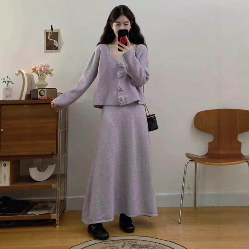 Camellia large size knitted cardigan skirt women's two-piece set autumn and winter new loose casual sweater set women