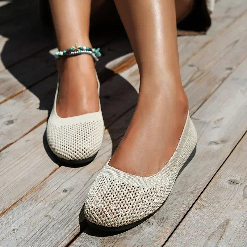 Pantofi casual de damă la modă cu vârf rotund, pantofi superficiali, pantofi plați confortabili din plasă respirabilă