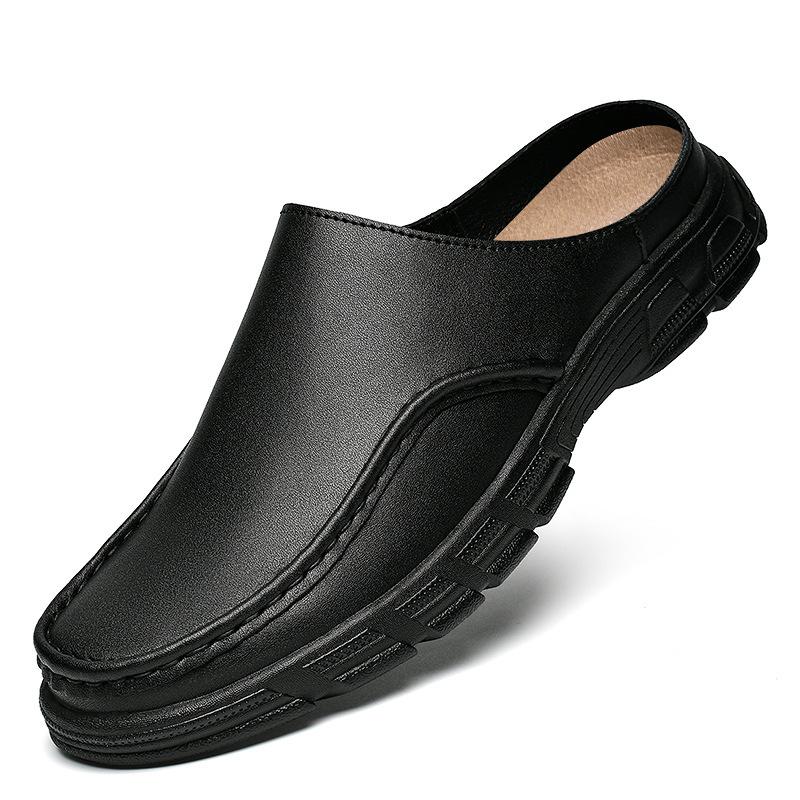 Half-drag leather shoes without heel casual lazy slippers breathable beanie shoes half-tray sandals