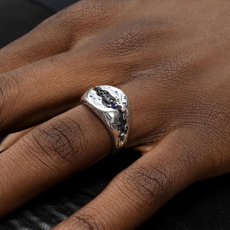 Adjustable Open Ring Men Women Vintage Hip Hop Geometric Crack Design Blue Sapphire Accent Plated
