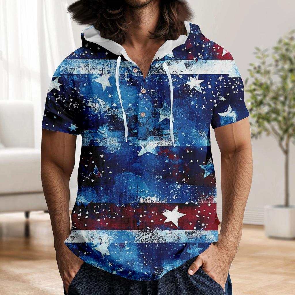 Men'S Casual Short Sleeved Hooded Top Buttoned Open Neck T-Shirt