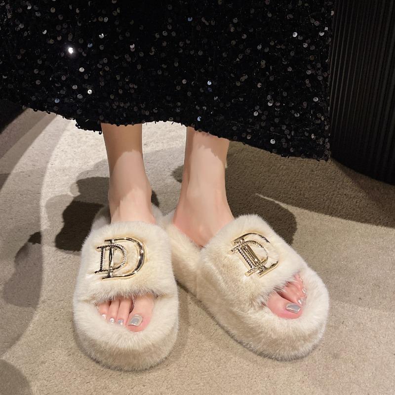 Wear Versatile Warm Winter Slippers Women Outer Velvet Cotton Winter Slippers Thick Bottom Word with Velvet Slippers Women