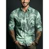 Men's Symmetrical Fluid Pattern Printed Long Sleeved Shirt with Lapel Buttons, Nightclub Party Trendy Men's Top