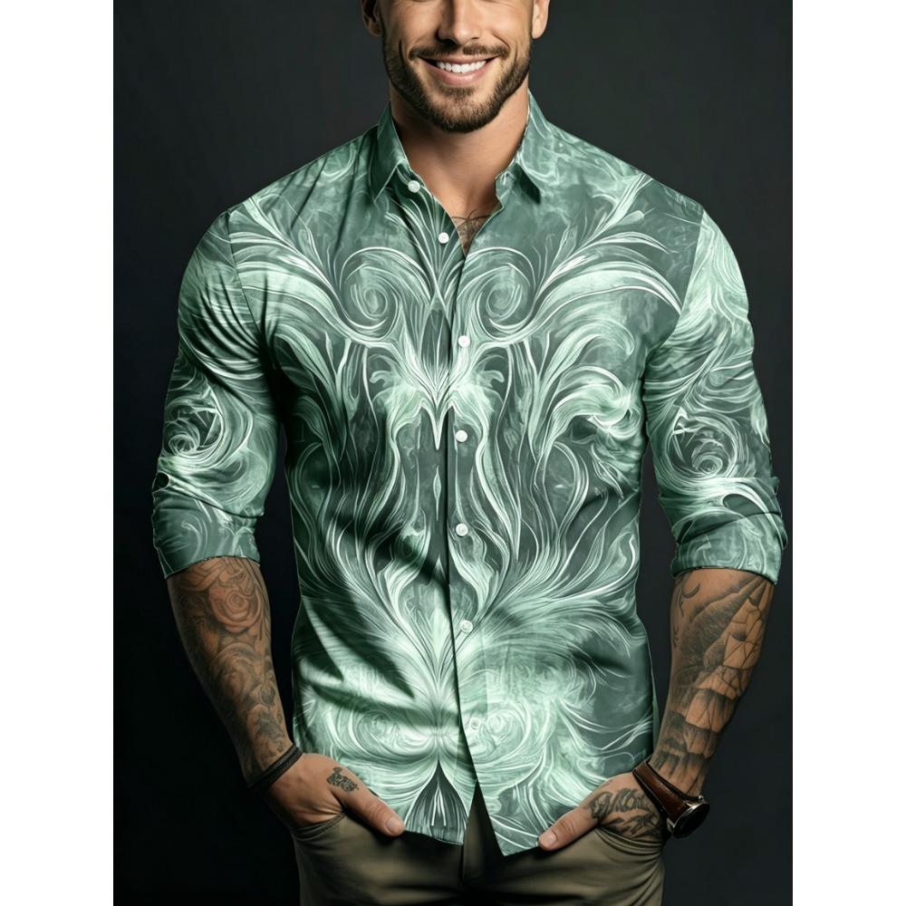 Men's Symmetrical Fluid Pattern Printed Long Sleeved Shirt with Lapel Buttons, Nightclub Party Trendy Men's Top