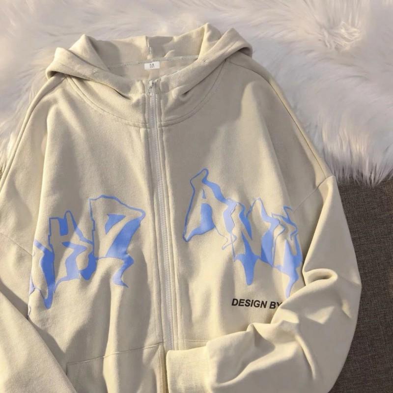226 Gothic Print Zip Up Hoodie Unisex Women Casual Fall Winter Loose Fit