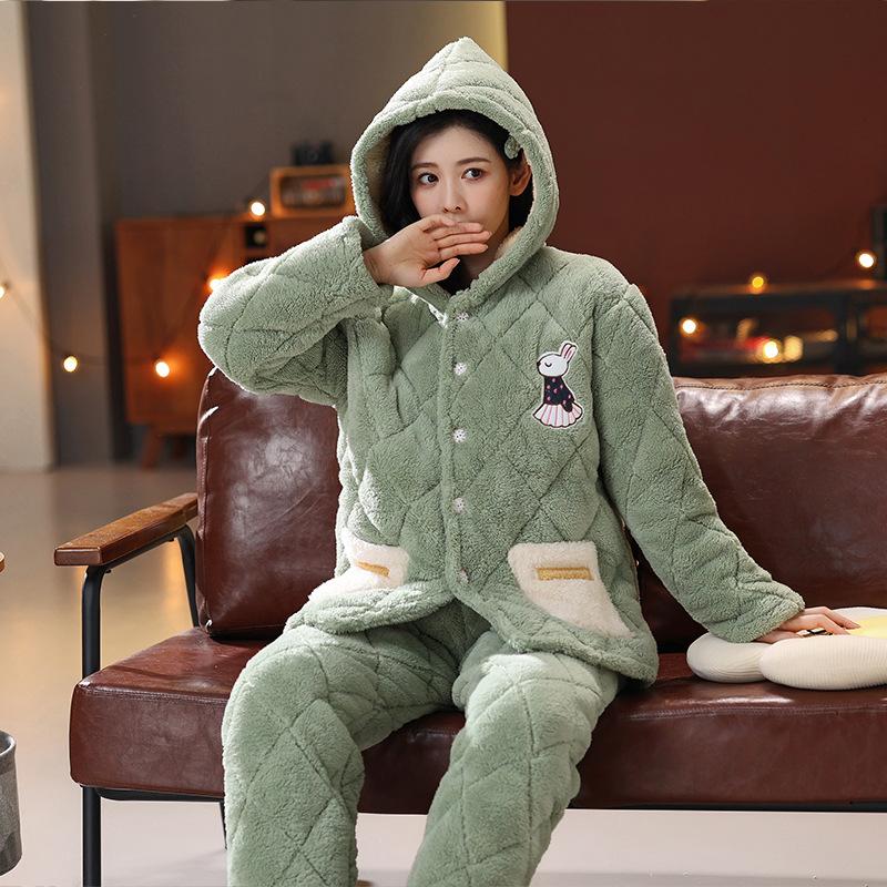 Pajamas Women's Winter Three-layer Thickened Padded Jacket Coral Fleece Lapel Super Warm Can Be Worn Outside Loungewear