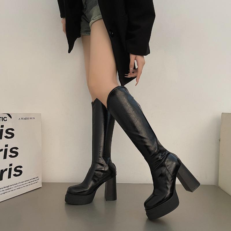 Mode 2025 Neue Klobige Hohe Absätze Einfarbig Kniehohe Stiefel für Damen Plateau V-Ausschnitt Gothic Herbst Lange Stiefel Party Kleiderschuhe