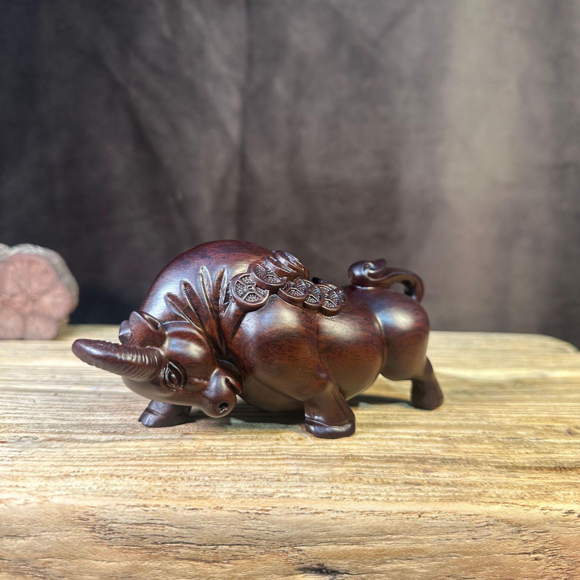 Ebony Wood Zodiac Cow Carving: Rosewood Office Decor Handicraft
