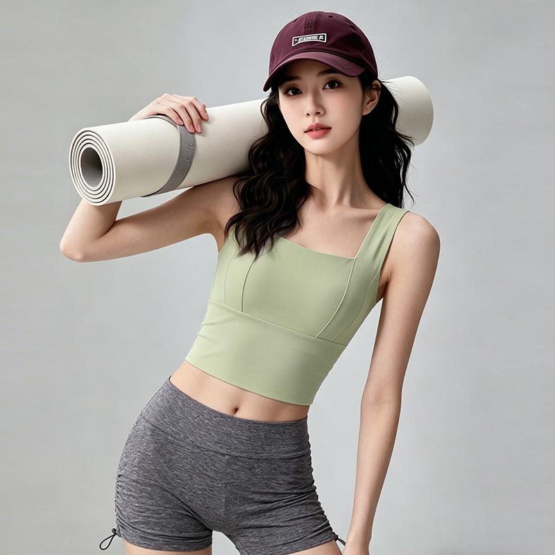 Yoga underwear women with chest pads shockproof gathering running fitness vest square neck beautiful back wear short top