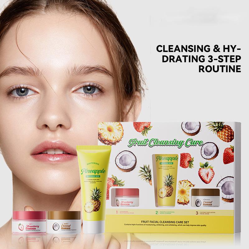 3-Step Fruit Facial Care Set - Pineapple Cleanser, Coconut Scrub & Strawberry Cream 3pc set