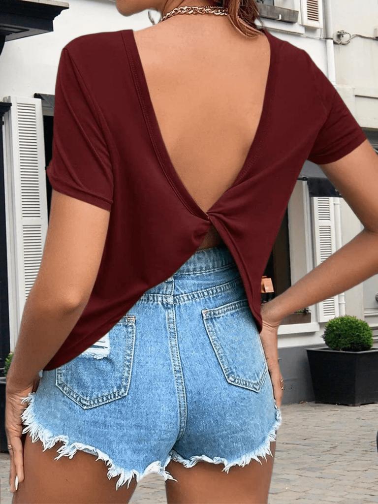 Women's Twist Backless Short Sleeve Top Round Neck Curved Hem Casual Tee
