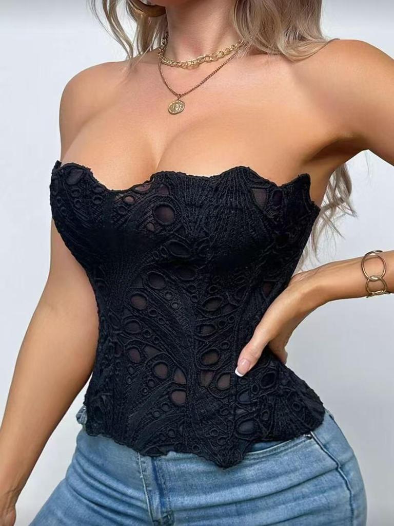 European & American Lace Corset: Hollow-Out Fishbone Bustier Top with French Print