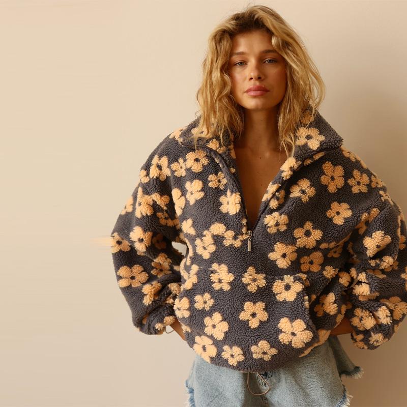 

Флисовая толстовка женская с цветочным принтом, теплая, из овечьего флиса, со стойкой воротником, на молнии, свободная, мягкая, пуловер, осень/зима 2025 S