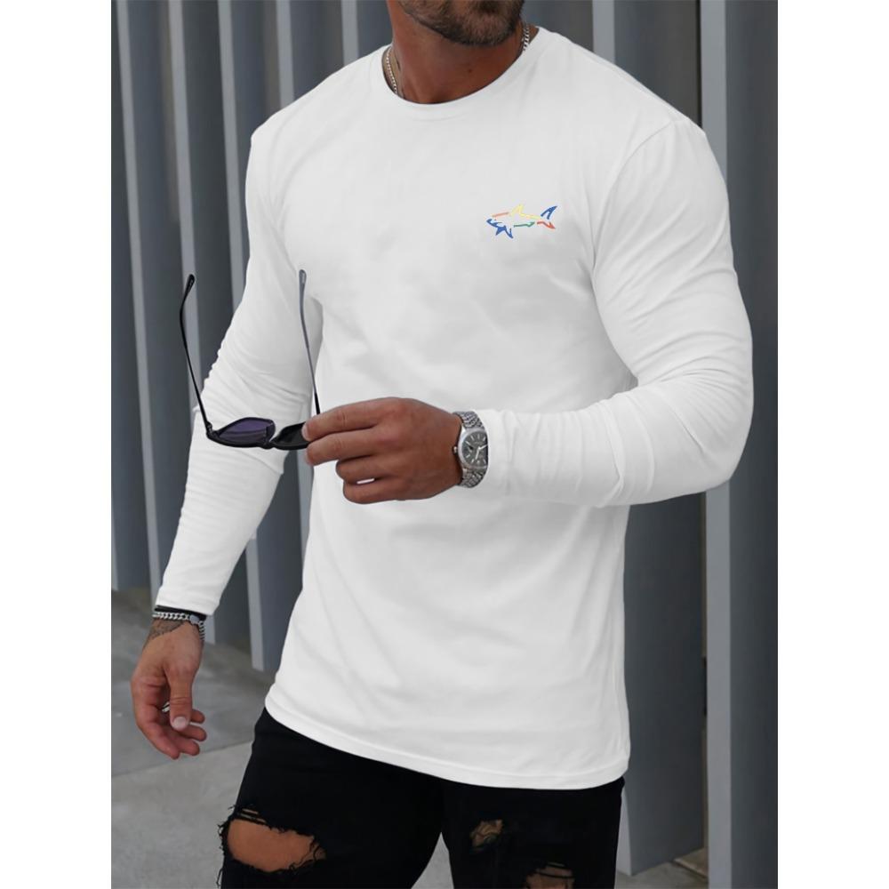 Men's Spring and Autumn Comfortable Casual Shark Pattern Printed Round Neck Long Sleeve T-shirt Top