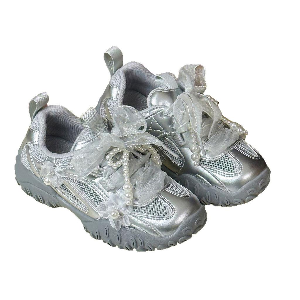 2025 Summer New Classmates Girls Pearl Bow Flower Sneakers Single Mesh Breathable Princess Moral Training Shoes