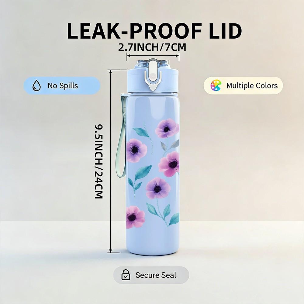 1PC Purple Wildflower Pattern 750ml Color Plastic Sports Water Bottle Leakproof Flip Straw Lid Suitable for Sports Office Home Use