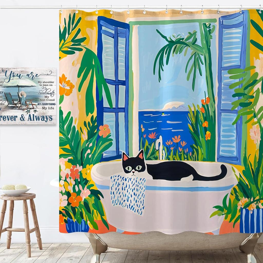 Malerisches Katzen-Duschvorhang-Set Entspannender Fensterblick Wasserdichter Badezimmer-Duschvorhang Tropischer Naturdruck Ruhige Wohnkultur