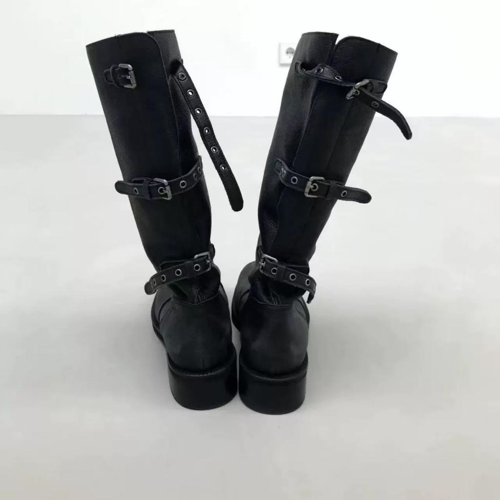 Cowhide version~ Korean niche round head thick heel belt buckle two wear versatile medium and high boots knight boots long boots women's boots