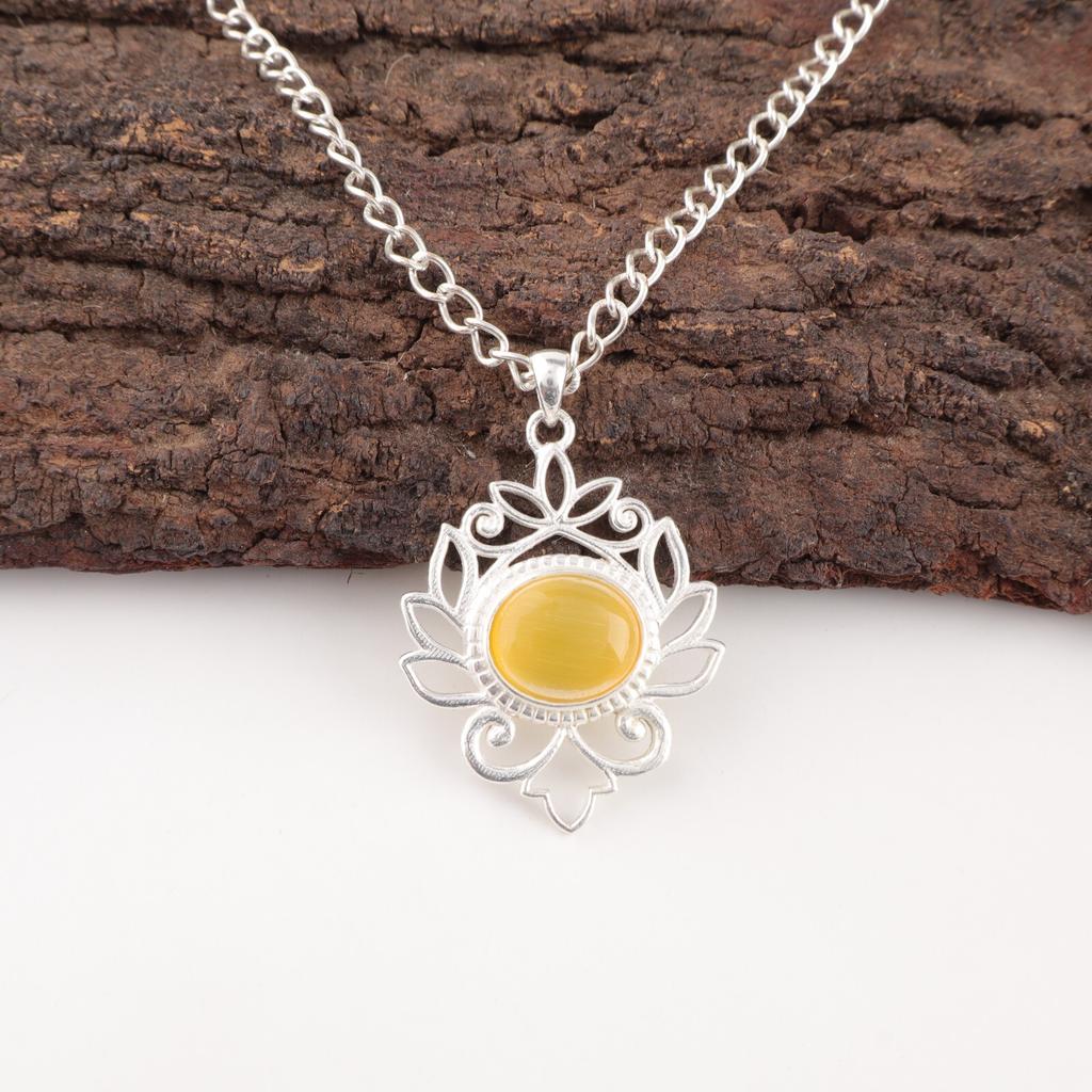 Yellow Cat's Eye Gemstone 925 Stamped Silver Jewelry Handcrafted Women Pendant CP-1-42