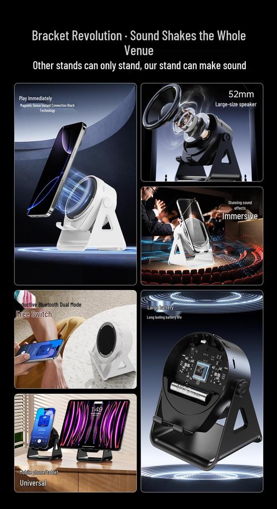 5-in-1 Bluetooth Speaker: Smart Sensor, Wireless Charger, Magnetic Phone Holder, Rotating Multifunction.
