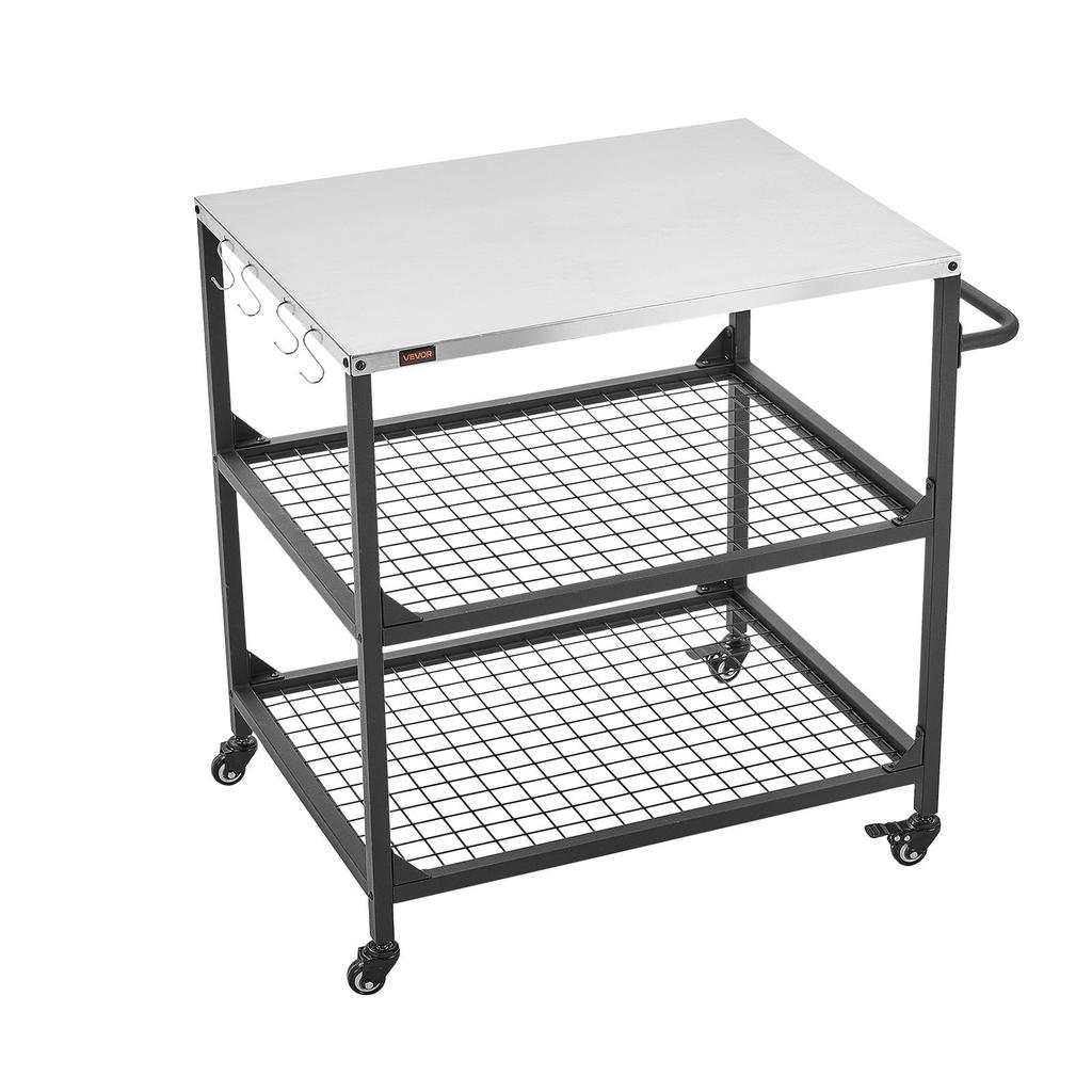 Carro para Parrilla Exterior, Mesa de Parrilla de Acero Inoxidable de 800 x 610 mm, Mesa de Cocina para Exteriores con 4 Ruedas y Asa Lateral, Dos Estantes de Malla, Barbacoa