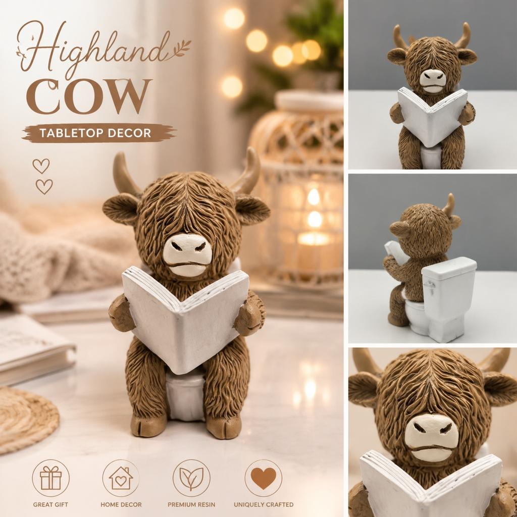 Resin Desktop Highland Cow Figurine Reading Book Sculpture Creative Home Office Decorative Statue for Festival Table Ornament