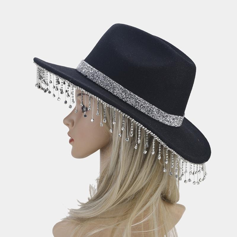 Lightweight Fedoras Hat Woman Men Felt Ladies Cowboy Hat Party Rhinestone Western Party Hat Bonnet Men Windproof Hat