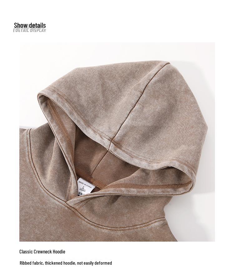 350g Vintage Washed Men's Hoodie - EU Size, Drop Shoulder, Solid Color, Thickened, Heavyweight