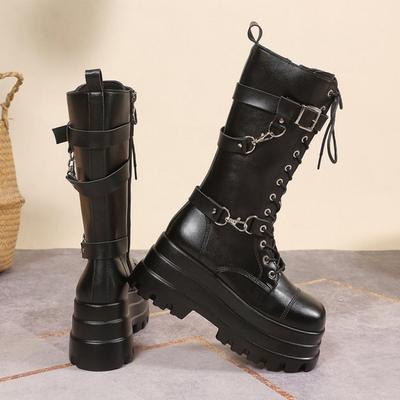 Stivali Autunnali da Donna Plus Fibbia Punta Rotonda Zeppe Stivali con Plateau Punk Goth Scarpe da Strada da Donna Stivali da Combattimento da Donna