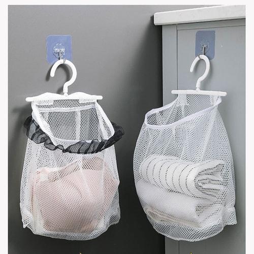 Dekori Laundry Basket with Hooks, Set of 2, Wall-Mounted Laundry Storage Basket with Clothes Drying Net, Clothespin Storage, Makeup Brush Drying Net,
