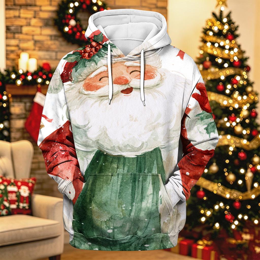 Men's Long Sleeve Hooded Sweatshirt with Christmas Print for Holiday Casual Wear