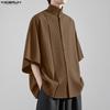 Men Stand Neck 3/4 Sleeve Plaeted Button Up Casual Oversized Shirts Tops