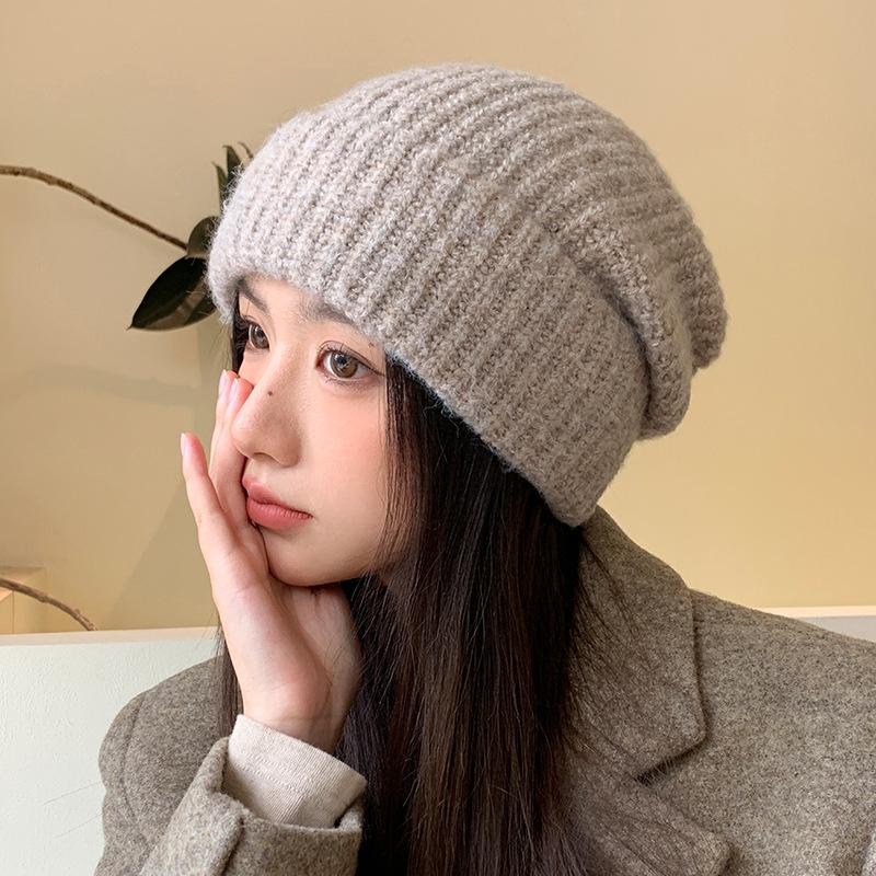 Alles passend Literarische Retro Pile Mütze Koreanischer Stil Verdickte gestrickte Wollmütze Großer Kopfumfang Kälteabweisend und warm Ausziehbare Mütze