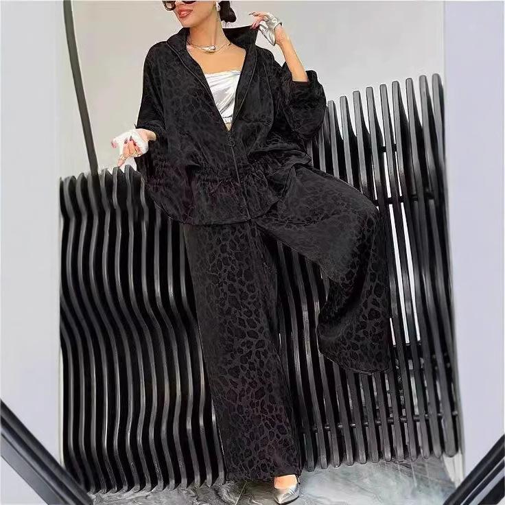 Damen Leopardenmuster Umlegekragen Kordelzug Taille Lässiges Set