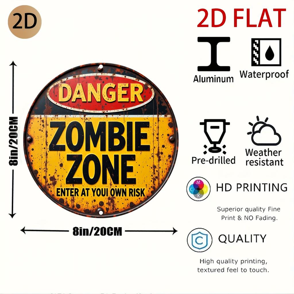 D Flat A Round Weathered Metal Sign Featuring a Zombie Warning Design Perfect for Decorating a Game Room Home