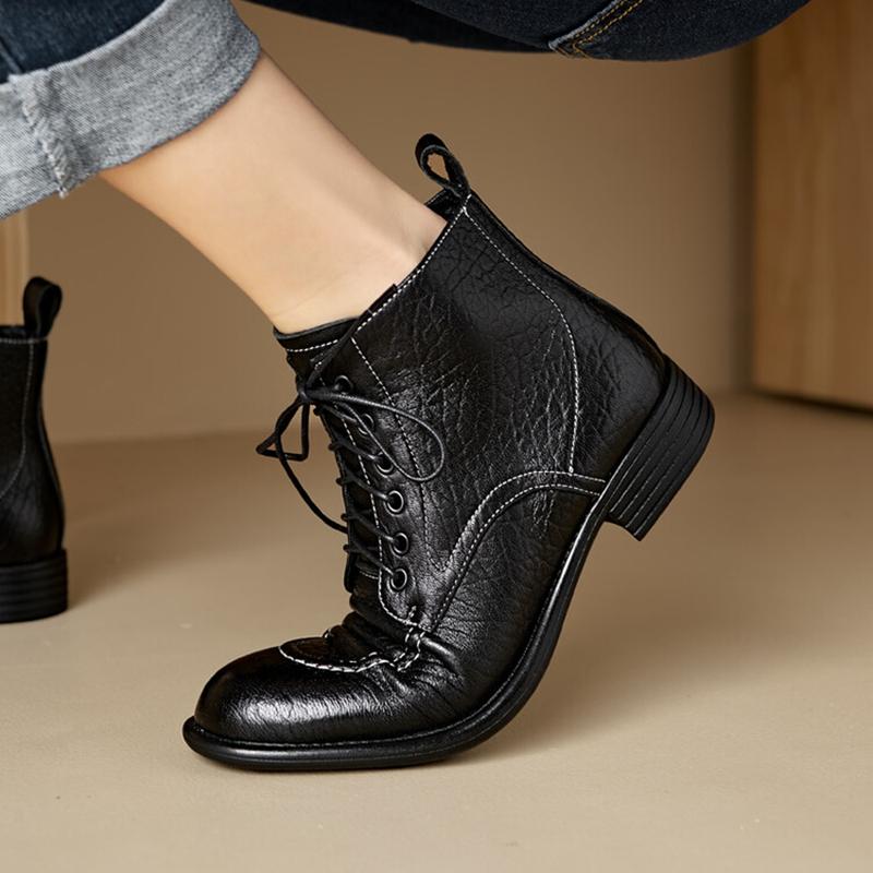 Fashion NEW Autumn/Winter Women Boots Genuine Leather Shoes for Women Round Toe Chunky Heel Shoes Lace-up Ankle Boots Black Modern Boots