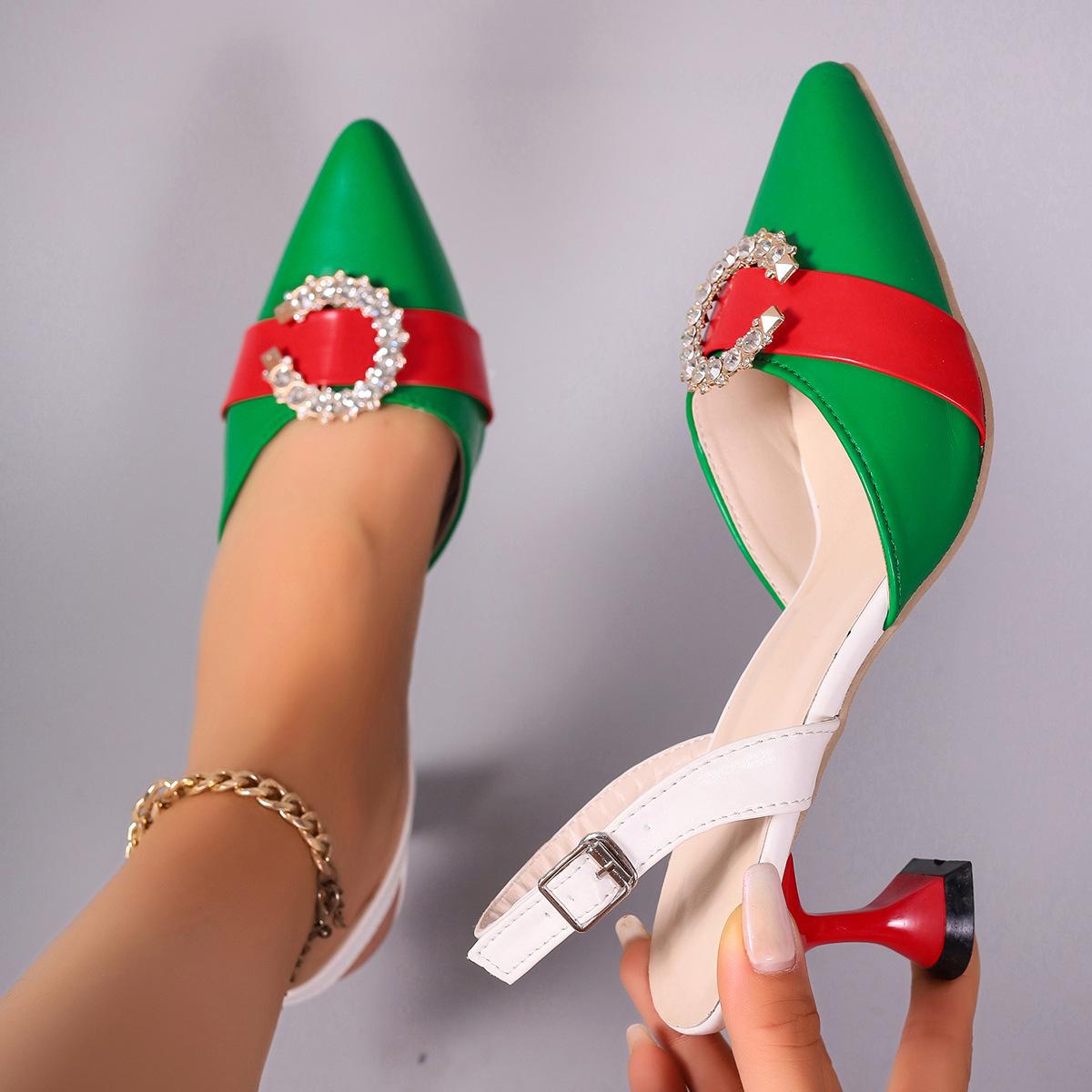 

2024 Лето Новые Красочные Модные Дикие Пакет Голова Тонкий Каблук Острый Носок Неглубокий Вырез Полые Женские Босоножки на Высоком Каблуке Каблуки Женские 42 зелёный