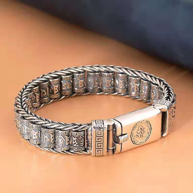 Rotating Lulu Tong Men's Bracelet with Six Character Mantra, Roller Conveyor Chain, Retro, Personalized, Ethnic