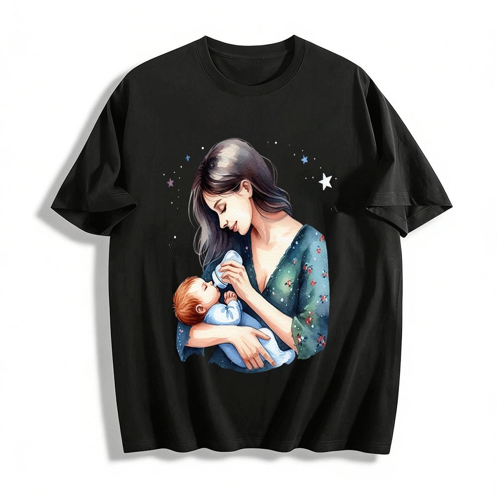Gentle Mother Feeding Baby Print Casual Top Mother Love Themed Shirt Pure cotton T-shirt XXS