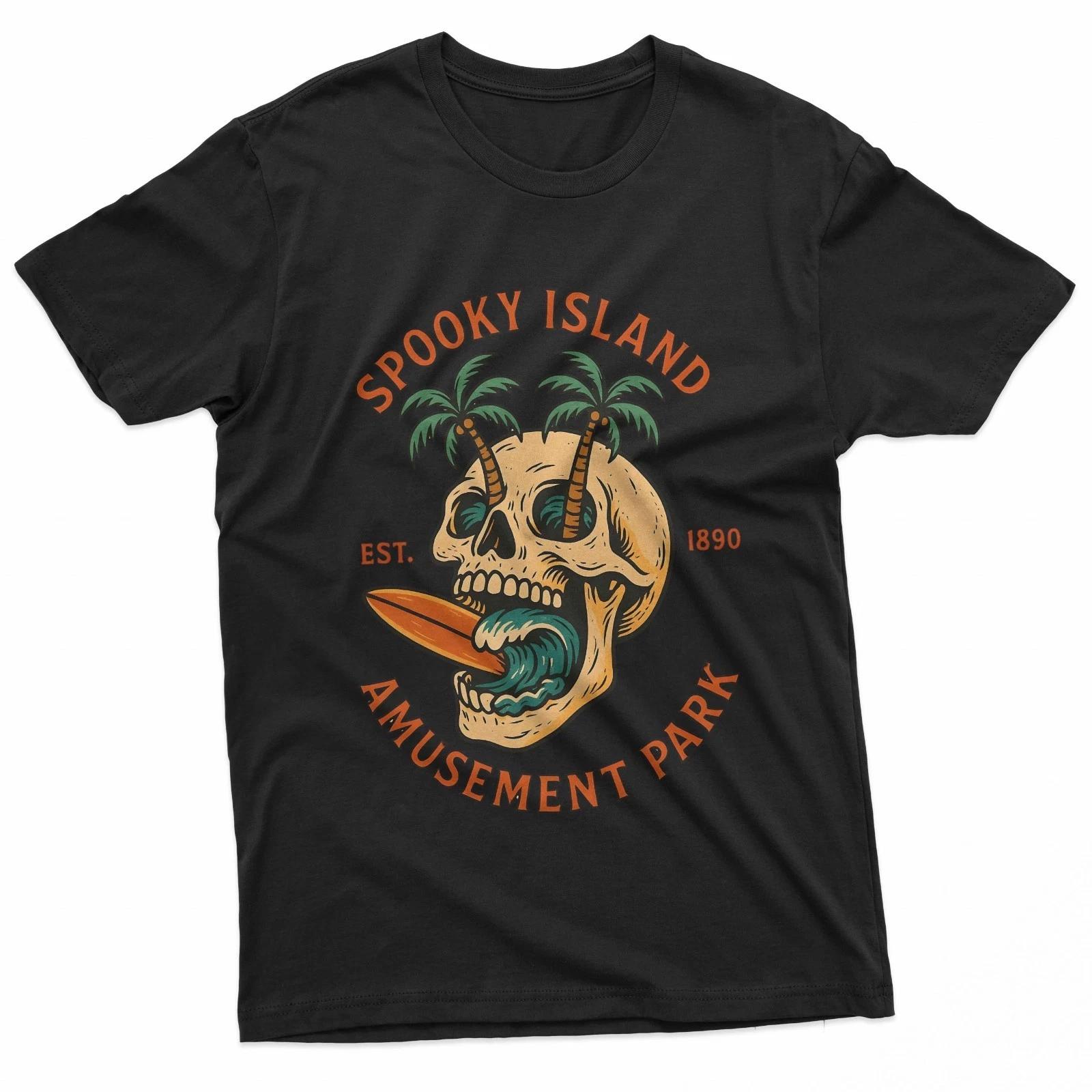 Spooky Island Amusement Park Haunted Surf Skull Halloween Classic 100% Cotton T-shirt Mens Tees Top L