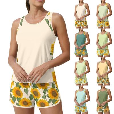 Women Tank Top and Shorts Set Floral Print Sleeveless Athletic Lounge Outfit Lightweight Soft Fabric Casual Wear