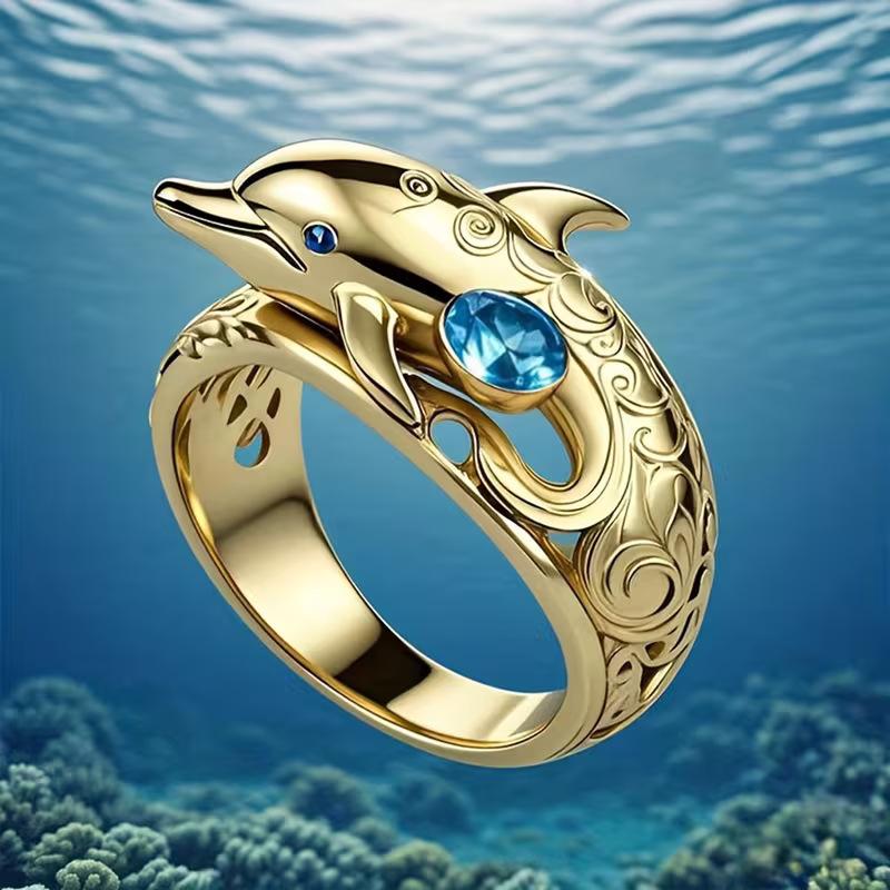 New Light Luxury Style Women’s Ring Set with Blue Zircon and Cute Little Dolphin Design