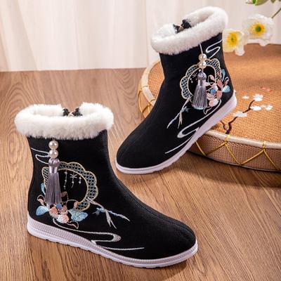 Fashion 2025 Autumn Ethnic Style Canvas Embroidery Boots Internal Height Increasing Warm Boots Winter Shoes for Women Mid-calf Snow Bota
