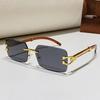 2026 Frameless Faux Wood Grain Leopard Head Men's Square Sunglasses with Leopard Temple.