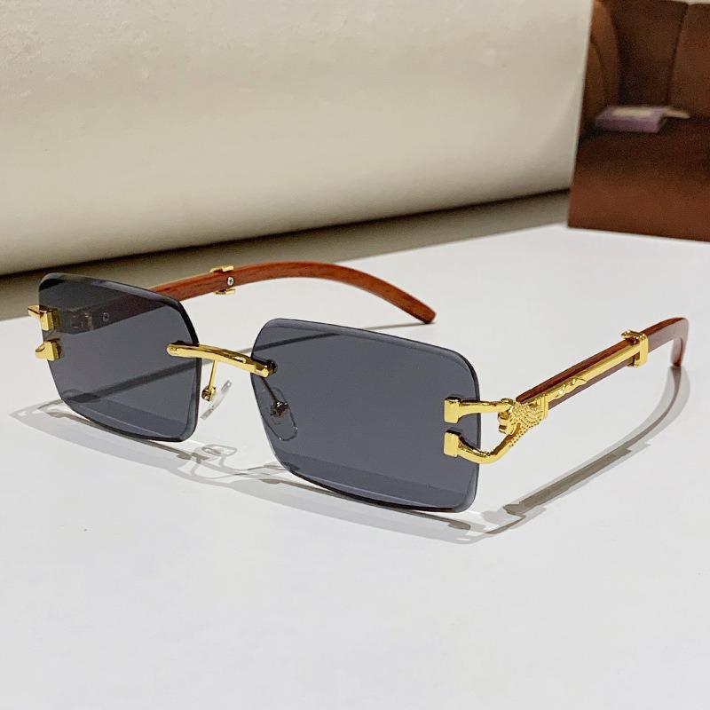 2026 Frameless Faux Wood Grain Leopard Head Men's Square Sunglasses with Leopard Temple.