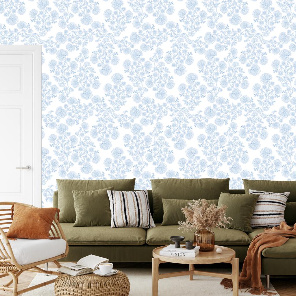 Wallpaper Flowers White and Azure for Living Room and Bedroom 50x1000