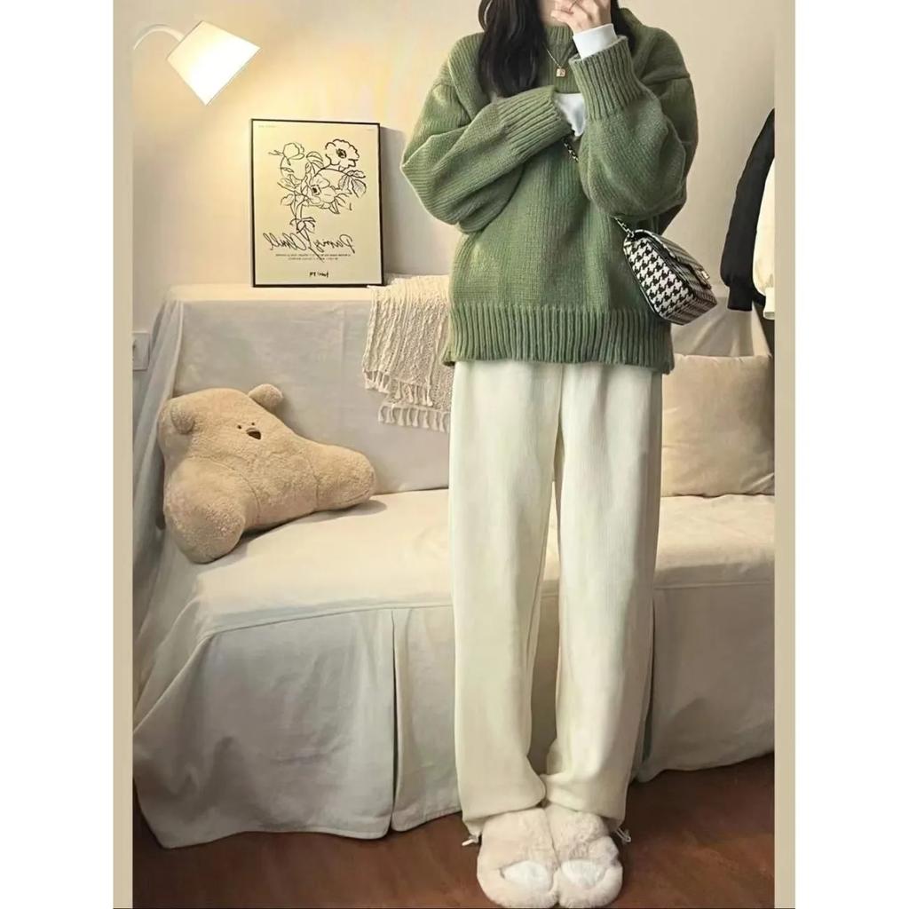 O-Neck Loose Green Pullover Sweater for Women Autumn Winter Thick Retro Japanese Lazy Style Interior Bottom Knitted Top
