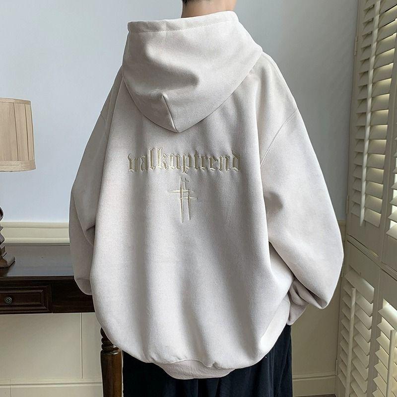 Men s Retro Embroidered Heavyweight Hoodie: Autumn/Winter Fleece-Lined, Loose Fit, Trendy Jacket M